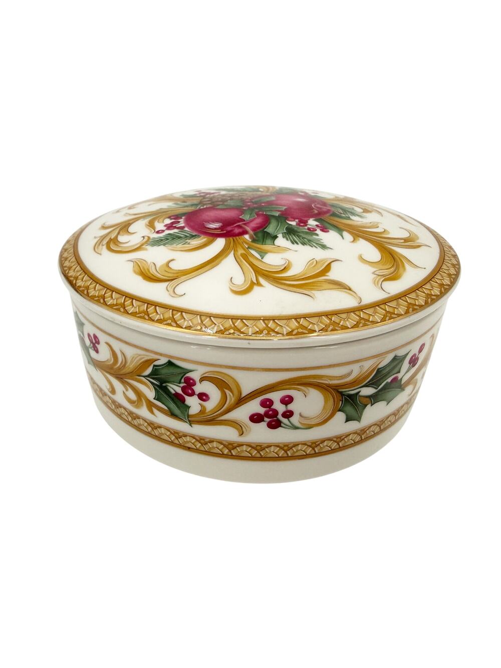 Mikasa Holiday Orchard white trinket dish & lid Christmas red apples holly gold